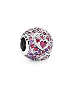 Heart silver charm with red and pink cubic zirconia and royal purple crystal