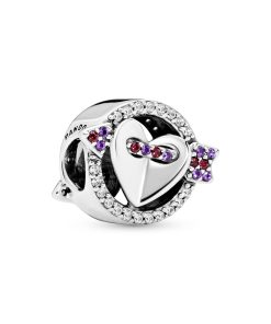 Heart and arrow silver charm with clear and red cubic zirconia and royal purple crystal