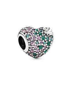 Heart and clover silver charm with royal green. ultramarine green. aqua green. rose pink and orchid pink crystal