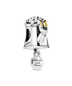 Watering can silver charm with pink. yellow enamel and clear cubic zirconia