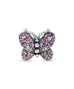 Butterfly silver charm with cerise. pink mist crystal and clear cubic zirconia