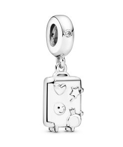 Suitcase silver dangle with clear cubic zirconia and pink enamel