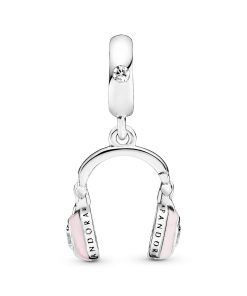 Headphones silver dangle with clear cubic zirconia and pink enamel