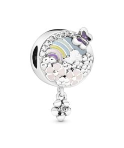 Flower and rainbow silver charm with pink. white. purple. green. blue and yellow enamel