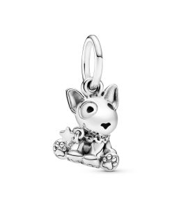 Bull terrier dog silver dangle with black enamel