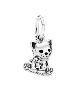 Cat silver dangle with black enamel