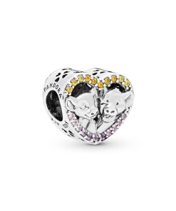 Disney Simba and Nala silver heart charm with rose pink crystal. orange and honey CZ and synthetic pink sapphire