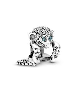Monkey silver charm with clear and teal cubic zirconia