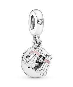 Binoculars silver dangle with clear cubic zirconia and pink enamel