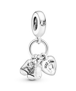 Shoes. baby bottle and heart silver dangle with clear cubic zirconia and white enamel