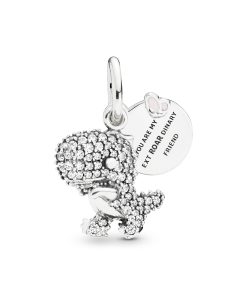 Dinosaur silver dangle with clear cubic zirconia and pink enamel