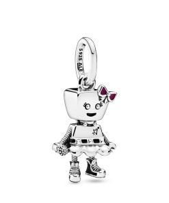 Punk robot girl sterling silver dangle with black and pink enamel