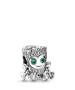 Tree stump sterling silver charm with royal green crystal and black enamel