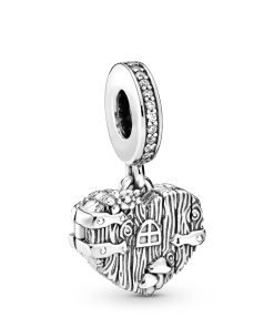 Wooden heart door openable sterling silver dangle with clear cubic zirconia