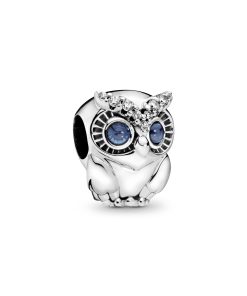 Owl sterling silver charm with bright cobalt blue crystal and clear cubic zirconia