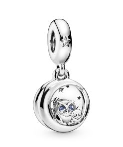 Owl sterling silver dangle with bright cobalt blue crystal and clear cubic zirconia