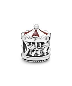 Carousel sterling silver charm with clear cubic zirconia. red and white enamel