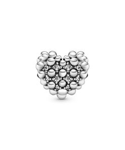 Beaded heart sterling silver charm with clear cubic zirconia