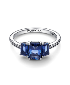 Blue Rectangular Three Stone Sparkling Ring
