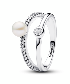 Treated Freshwater Cultured Pearl & Pavé Double Band Ring