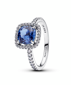 Sparkling Square Blue Halo Statement Ring