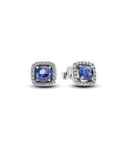 Sparkling Square Blue Halo Stud Earrings