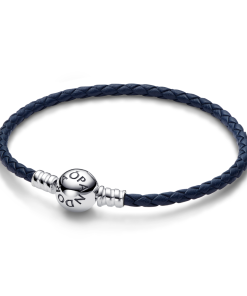 Pandora Moments Round Clasp Blue Braided Leather Bracelet