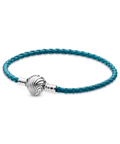 Pandora Moments Seashell Clasp Turquoise Braided Leather Bracelet