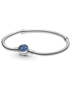 Pandora Moments Sparkling Blue Disc Clasp Snake Chain Bracelet
