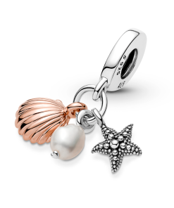 Freshwater Cultured Pearl. Starfish & Shell Triple Dangle Charm