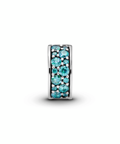 Silver clip with teal cubic zirconia. green crystal and bluish green crystal and silicone grip