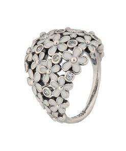 Daisy silver ring with cubic zirconia and white enamel