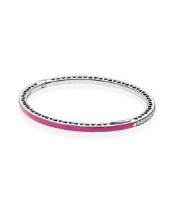 Silver bangle with orchid enamel and clear cubic zirconia