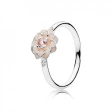 Dahlia silver ring with blush pink crystal. clear cubic zirconia and cream enamel