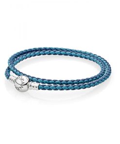 Silver leather bracelet. double. blue colour mix