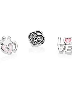 Petite elements pack in silver with heart padlock with clear CZ. love script with pink CZ and crowned hearts with pink enamel